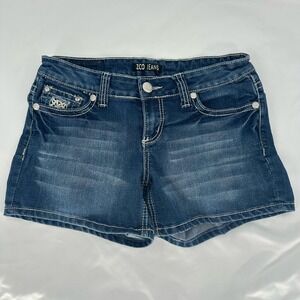 ZCO Jeans Y2K Denim Shorts Size 9 Blue Floral Crochet Studded Bling‎ 4" Inseam